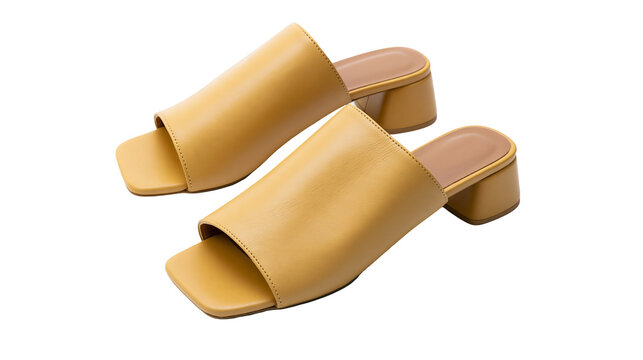 Isolated elegant women's light yellow leather square toe block heel mule sandals