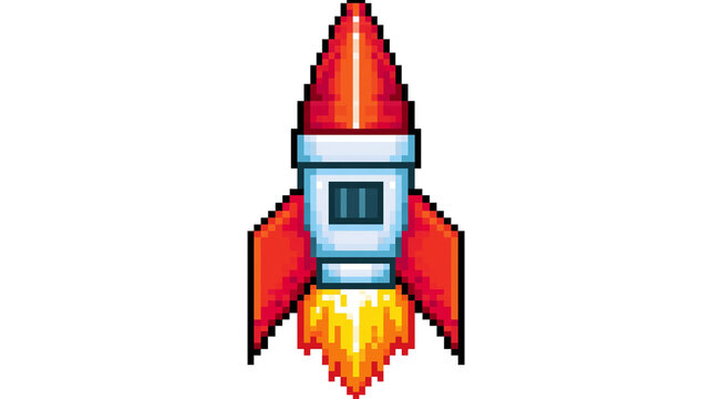 Isolated pixel art rocket taking off with bright fiery exhaust and bold text N (1157 on black banner