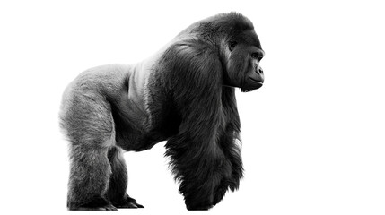 Isolated black and white studio shot of a powerful silverback gorilla in profile, standing. © Vincent