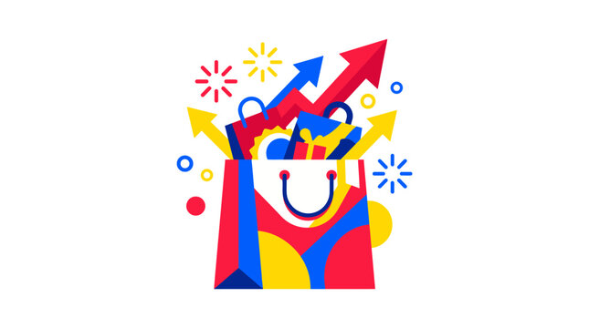 Retail Discount Event, A vibrant shopping bag with dynamic arrows symbolizes a major retail discount