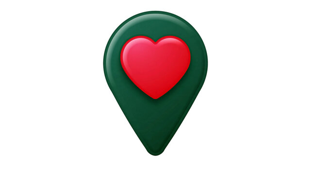 Isolated glossy map pin pointer with a bright red heart symbol and numeric text N 1875.