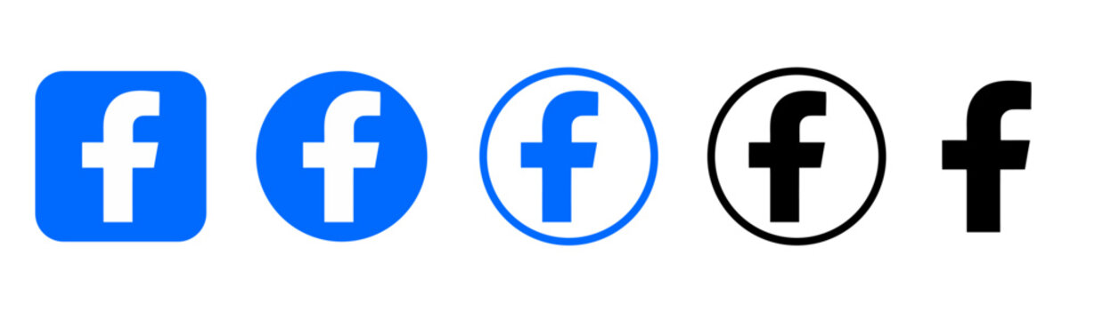 Facebook Logo Vector Icon Collection, Five Blue and Black Variations Featuring Rounded Square, Circular, Outlined and Standalone Symbols on White Background.