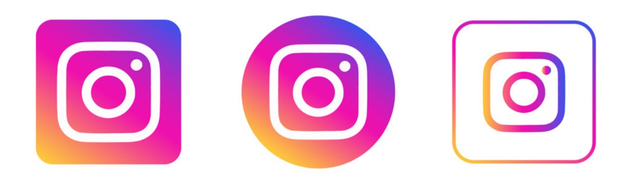 Instagram Social Media Vector Icon Set, Three Colorful Gradient Logo Variations with Rounded Square, Circular and Outlined Square Styles on White Background.