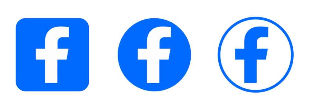 Facebook Social Media Vector Icon Set, Three Blue Logo Variations with Rounded Square, Solid Circle and Circular Outline on White Background.
