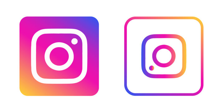 Instagram Vector Icon Set, Two Gradient Logo Variations Featuring Filled and Outlined Rounded Squares with Camera Symbols on White Background.