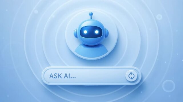 Cute three dimensional blue robot mascot avatar above search prompt bar labeled ask ai