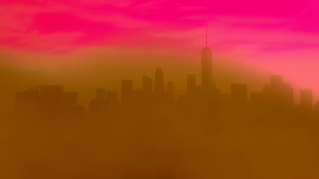 Urban skyline gradually disappears into thick haze beneath a vivid pinkorange sky