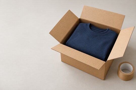 Versandkarton mit dunkelblauem Pullover und Platz f&uuml;r Text