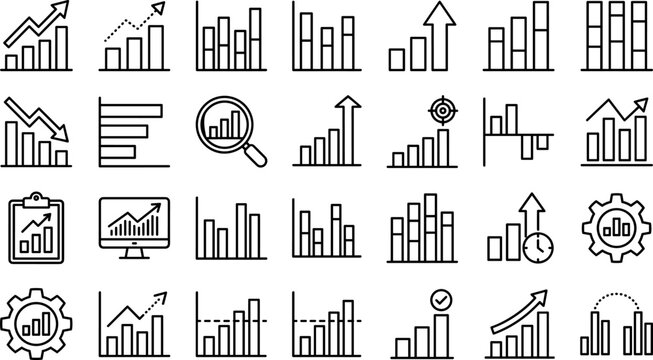 Data analytics chart icon collection bar graphs trend up down increase decrease dashboard clipboard search statistics black line