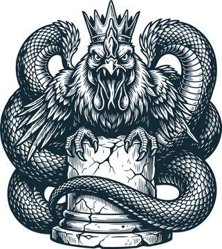 Crowned Rooster Gripping Stone Pillar Wrapped by Giant Snake Engraving Style Illustration