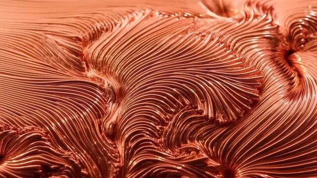 Coppercolored paint forms raised sweeping brushstroke patterns across a textured surface