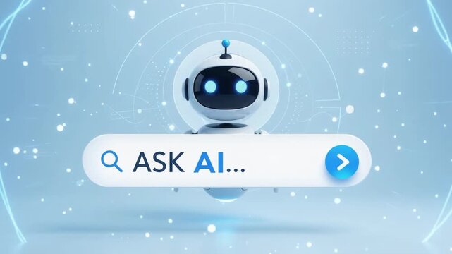 Three dimensional friendly robot head mascot above glowing search bar labeled ask ai with button