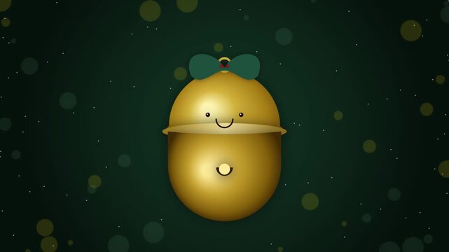 Charming golden christmas bell character with a cute smiling face and dark green bow