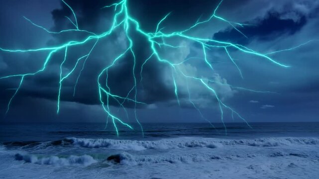 Storm waves break beneath dark thunderclouds over the rough open sea