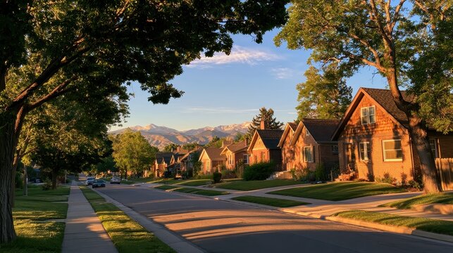 Sunlit Suburban Neighborhood Scene: Tree-Lined Street and Brick Houses