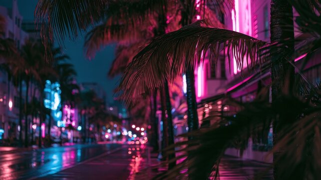 Neon-lit tropical night: palm canopy and reflections on wet pavement in 80s-90s coastal vibe