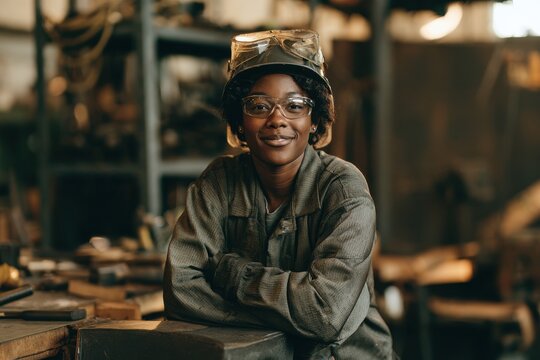Professional portrait of a Black male engineer wearing safety gear and a carpenter jacket in an industrial setting