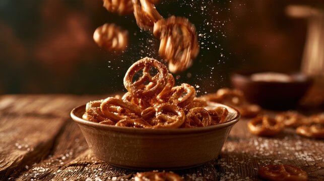 Warm autumn snack scene: pretzels tumbling into a bowl with salt crystals