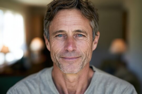 Smiling mature European man in his fifties posing for a warm indoor headshot portrait
