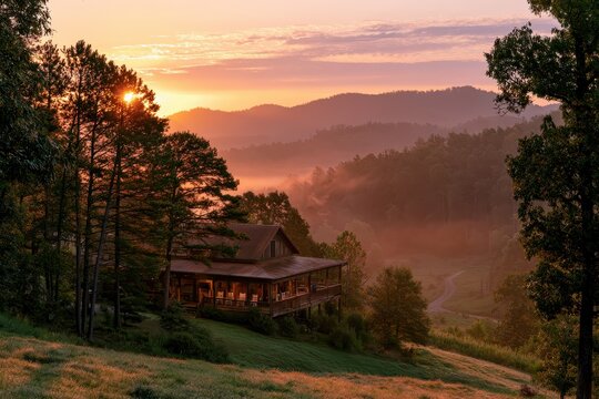 Tranquil morning at a rustic inn amid Appalachian foothills