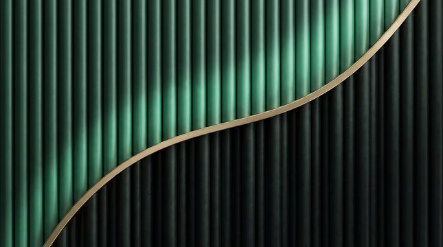 Abstract textured background with vertical parallel lines in shades of green and dark gray with a curved golden stripe