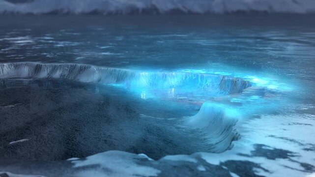 Blue meltwater collects beneath a sculpted ice ledge in a frozen, snowcovered landscape