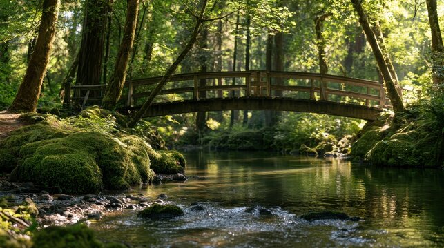 Serene Woodland Footbridge Over a Quiet Stream at Dappled Light