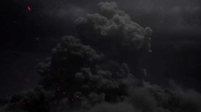 Volcanic ash plume rises upward as glowing embers scatter through dark smoke