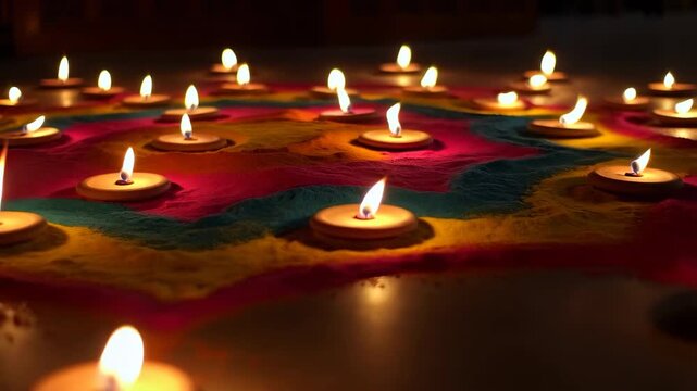 Tea light candles flickering around colorful rangoli powder pattern on floor cinematic 60 FPS