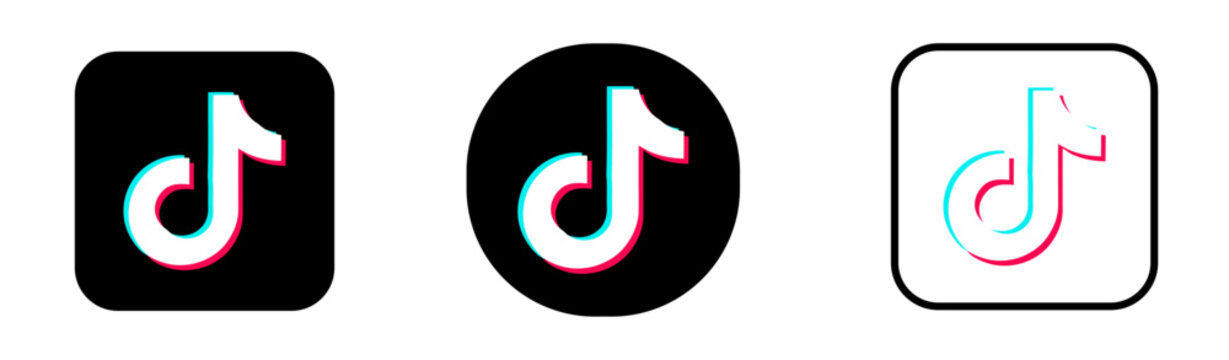 TikTok Social Media Vector Icon Collection, Three Musical Note Logo Variations in Black Square, Circle and Outlined Square on White Background.