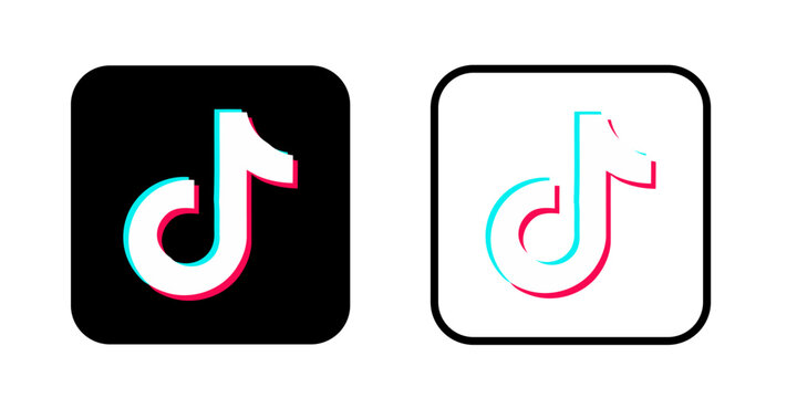 TikTok Logo Vector Icon Pair, Filled Black and Outlined Rounded Squares with Cyan and Pink Musical Note Accents on White Background.