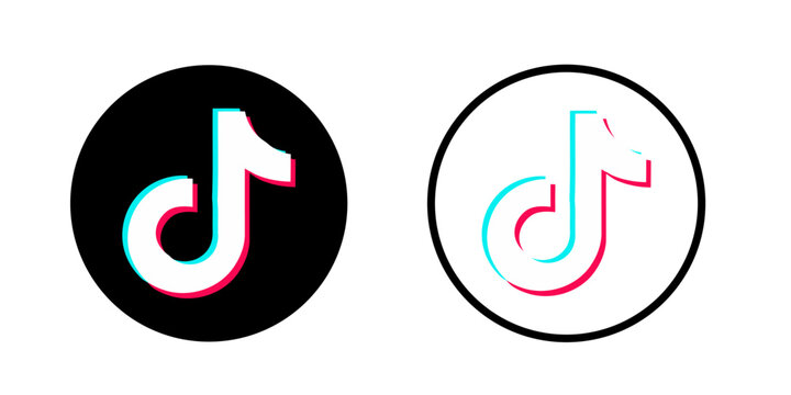 TikTok Circular Vector Icon Set, Filled Black Circle and Outlined Circle with Cyan and Pink Musical Note Logos on White Background.