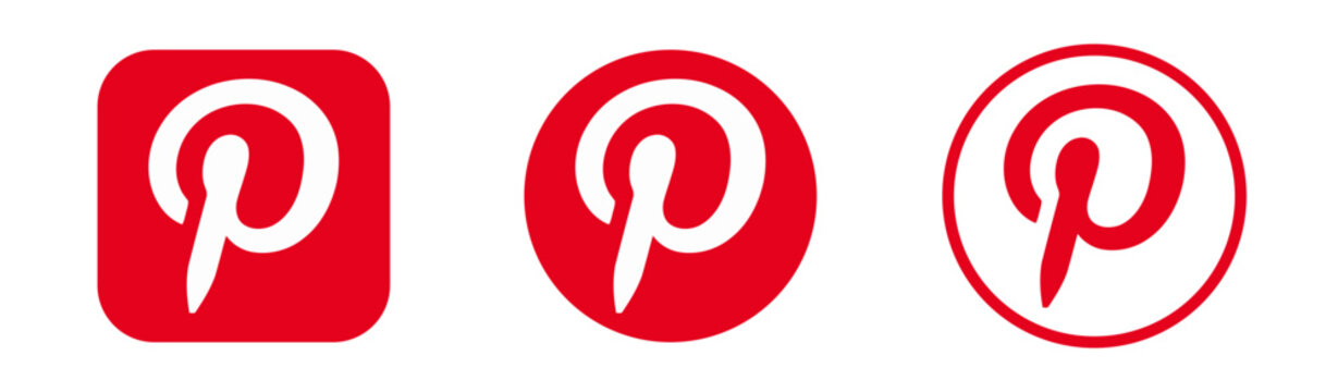 Pinterest Social Media Vector Icon Set, Three Red Logo Variations Featuring Rounded Square, Filled Circle and Circular Outline on White Background.