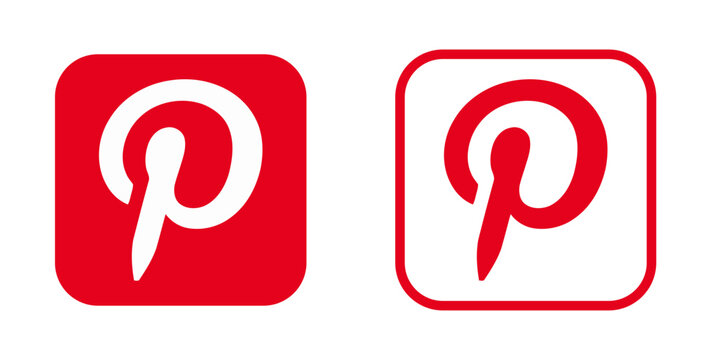 Pinterest Logo Vector Icon Pair, Red Filled and Outlined Rounded Square Variations with Letter P Symbols on White Background.