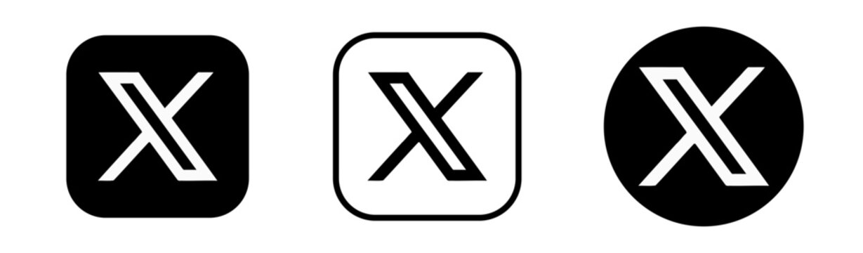 X, Formerly Twitter, Social Media Vector Icon Set with Three Black and White Square, Outlined Square and Circular Logo Variations.