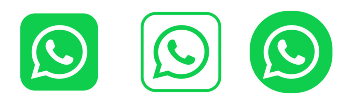 WhatsApp Social Media Vector Icon Set, Three Green Logo Variations Featuring Filled Square, Outlined Square and Circle on White Background.