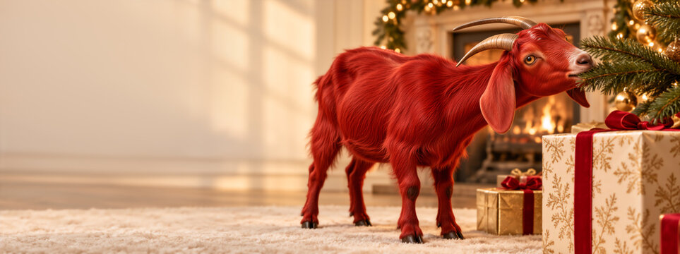 Red goat nibbling Christmas tree in living room with fireplace and gift boxes. Chinese zodiac 2027 symbol. Banner with copy space