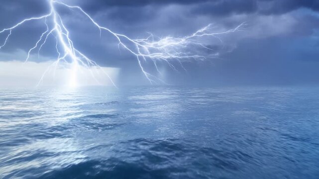 Lightning strikes over open ocean as dark storm clouds release rain above rolling waves