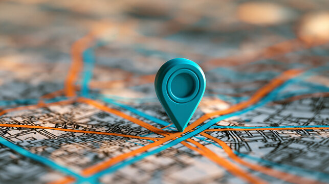 A turquoise map pin marks a specific location on a city street map. Useful for travel planning and location based services marketing.