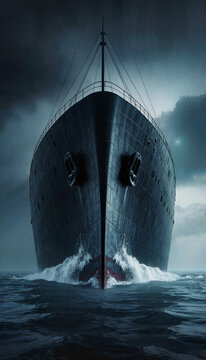 The wrath of the silent depths: the ship&rsquo;s colossal bow, like a steel guardian, cleaves through the raging waves, defying the elements; the leaden sky looms over the deck, thickening the atmosphere of