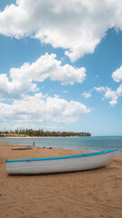 White wooden boat on a sandy Caribbean beach under blue sky, Dominican Republic © Dawid