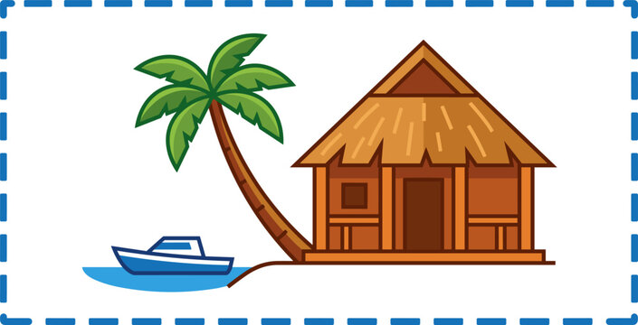 Beach hut with a palm tree and motorboat inside a dashed frame, flat vector illustration isolated on white background