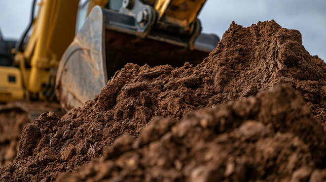 Excavator bucket working on a large pile of brown soil at a construction site. Represents industrial earthmoving and infrastructure development projects.