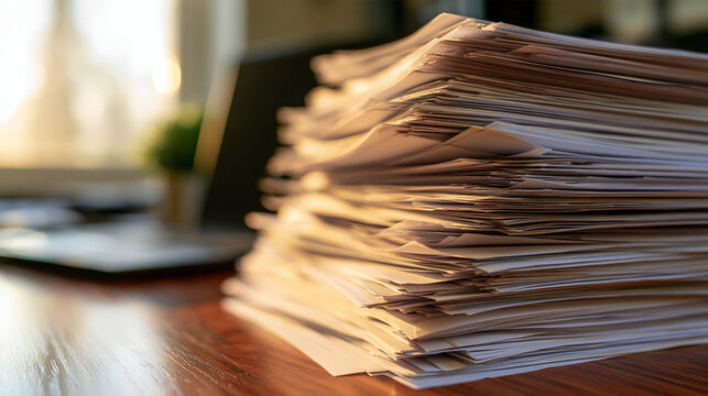 A large stack of paperwork sits on a wooden desk with soft sunlight. This represents a heavy corporate workload or administrative business tasks.