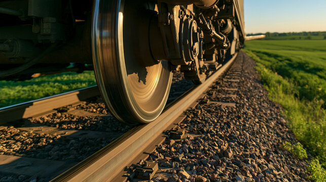 Close-up of a freight train wheel moving along tracks at sunset. Represents industrial logistics and transportation connectivity.