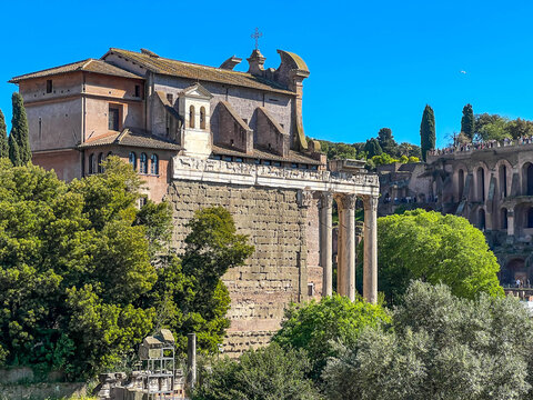 The Roman Forum and the Palatine Hill rising in the background. On the left, the church of Santa Maria Antiqua and the ruins of imperial palaces on the Palatine Hill