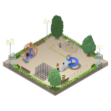 【アイソメトリック素材】児童公園・正方形　透明PNG　人物あり