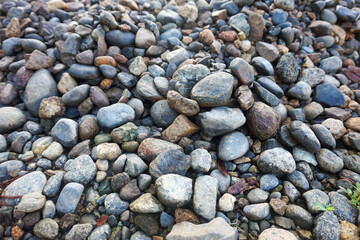 Pile of Smooth Colorful River Rocks and Pebbles Natural Stone Background. © Jajar