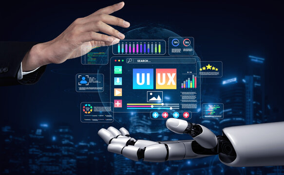 Futuristic Interface of Human and Robot Interactions Highlighting User Experience and User Interface Design Elements over Digital Background Quark.