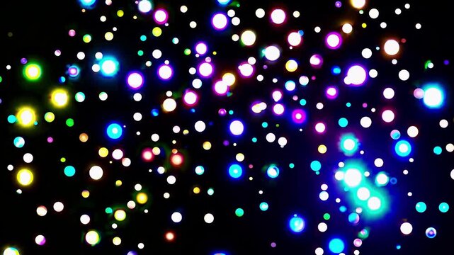Colorful light orbs float through black space, shimmering with intense brightness. Radiant spherical elements transition between teal, amber and magenta hues in mesmerizing dance pattern.